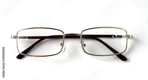 glasses with rectangular lenses on a white background, close-up