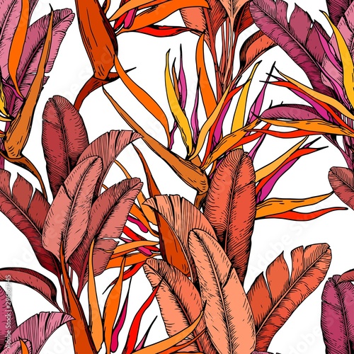 Seamless pattern with bright tropical leaves and strelitzia flowers. Bird of Paradise flowers. Hand drawn vector illustration.