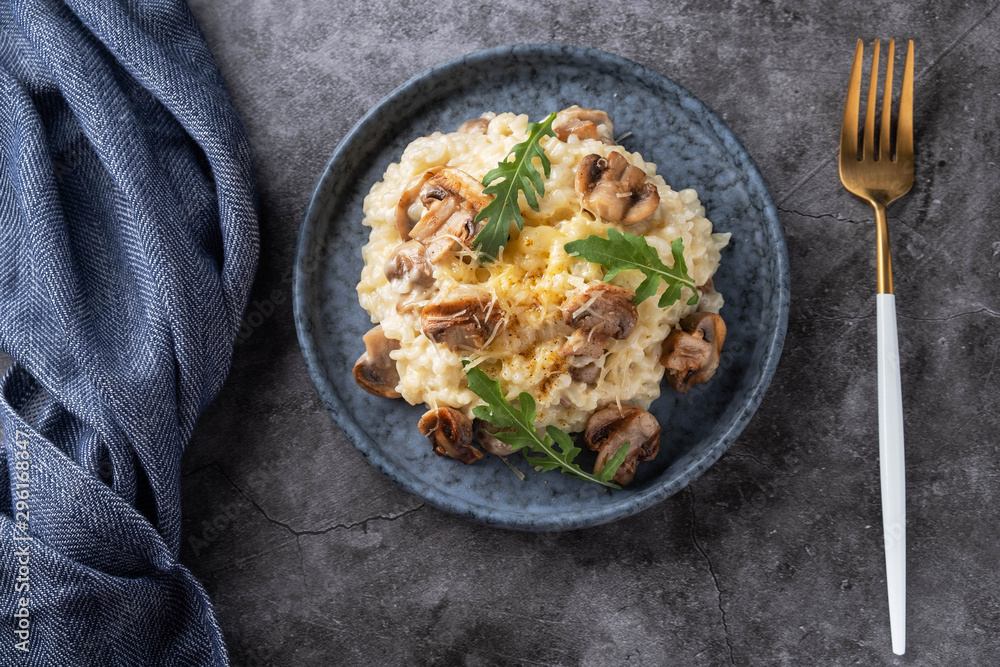 mushroom risotto on a plate, close-up, copy space mushroom risotto on a plate, close-up, copy space