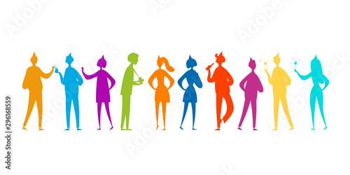 Student party with friends, boys and girls. Funny people characters. Silhouettes for your design