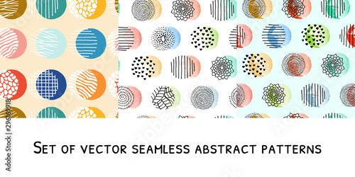 Set seamless colourful abstract vector pattern for background. Doodles hand drawing illustration. Hearts and plants organic product. Use for wrapping paper and fabrics, cards, stationery, bedding