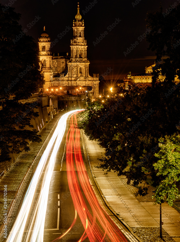 Katholische Hofkirche in Dresden with car trails leading in to the church