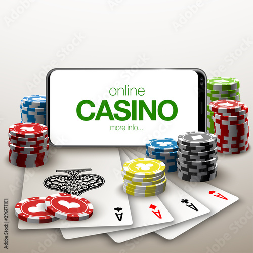 illustration Online Poker casino banner with a mobile phone, chips, playing cards and dice. Marketing Luxury Banner Jackpot Online Casino with New model Smartphone. Empty advertising poster.