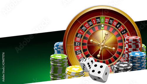 illustration Online Poker casino banner with american roulette on green surface table. Marketing Luxury Banner Jackpot Online Casino with classic roulette. Advertising poster with red ribbon for text.