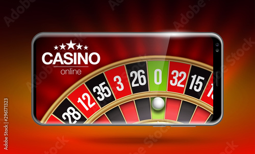 illustration Online Poker casino banner with mobile phone and roulette. Marketing Luxury Banner Jackpot Online Casino with New model Smartphone and roulette Advertising poster with red background