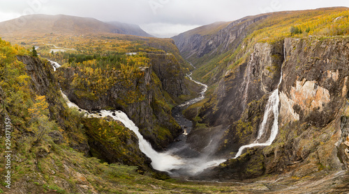 Panoramic view of Voringsfossen waterfall, Mabodalen valley Norway. National tourist Hardangervidda route, Eidfjord, Hardangerfjord, Norway. photo