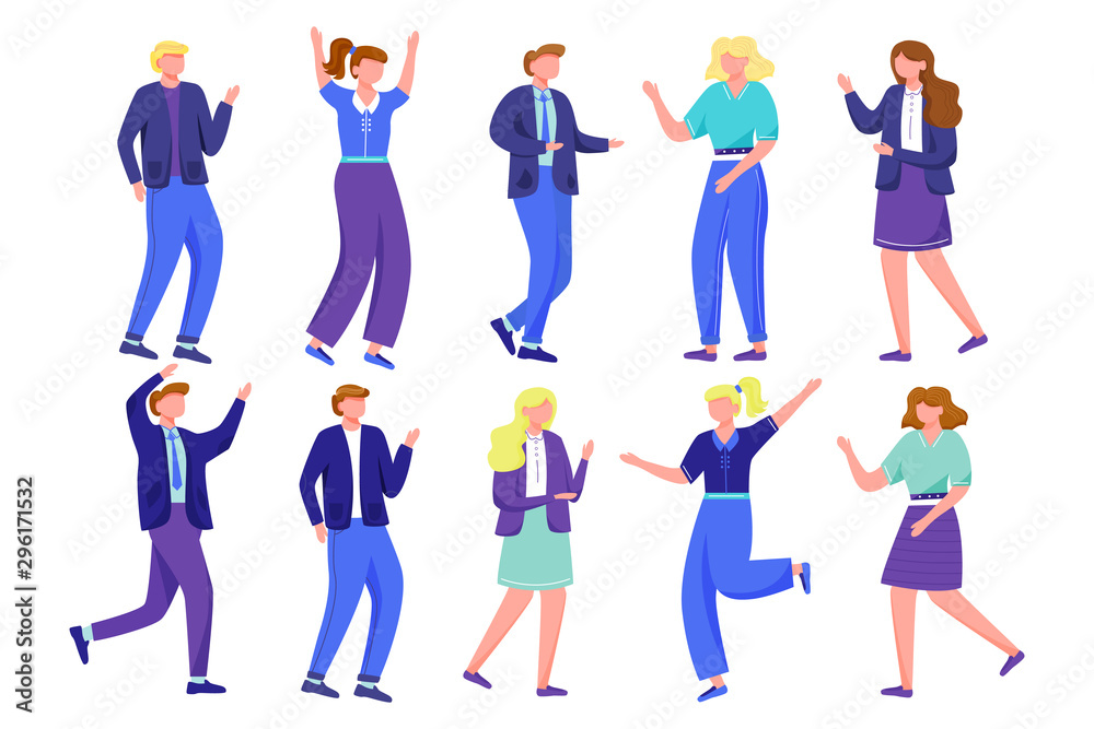 Dancing people flat vector illustrations set. Happy young men and women. Joyful students on holiday celebration. High school party event. Cheerful boys and girls isolated cartoon characters