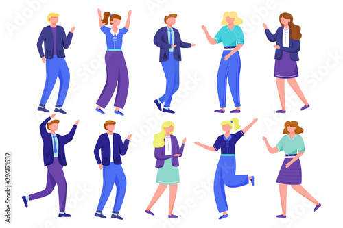 Dancing people flat vector illustrations set. Happy young men and women. Joyful students on holiday celebration. High school party event. Cheerful boys and girls isolated cartoon characters