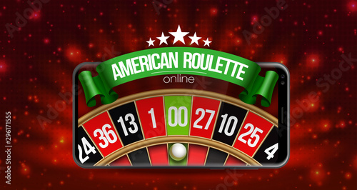 illustration Online Poker casino banner with mobile phone and roulette. Marketing Luxury Banner Jackpot Online Casino with New model Smartphone and roulette Advertising poster with red background