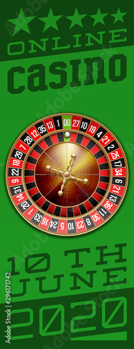 illustration Online web casino banner with american roulette on green surface table. Marketing Luxury green Banner Poker Jackpot zero with classic roulette. Advertising poster set Online web Casino