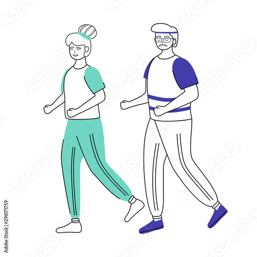 Retired people training flat vector illustration. Healthy lifestyle. Old couple in tracksuits are running. Active pensioners isolated cartoon characters, outline elements on white background
