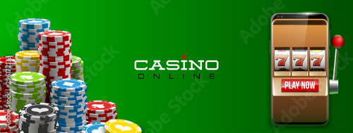Illustration banner of mobile online casino application with 777 big win slot machine. Realistic advertising poster with online mobile app casino and Jackpot 777. Play now in One Armed Bandit banner