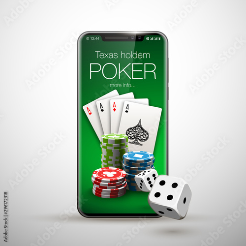 Vector illustration Online Poker casino banner with a mobile phone, chips, playing cards and dice. Marketing Luxury Banner Jackpot Online Casino with New model Smartphone. Empty advertising poster.