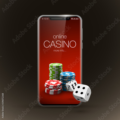 Vector illustration Online Poker casino banner with a mobile phone, chips, playing cards and dice. Marketing Luxury Banner Jackpot Online Casino with New model Smartphone. Empty advertising poster.