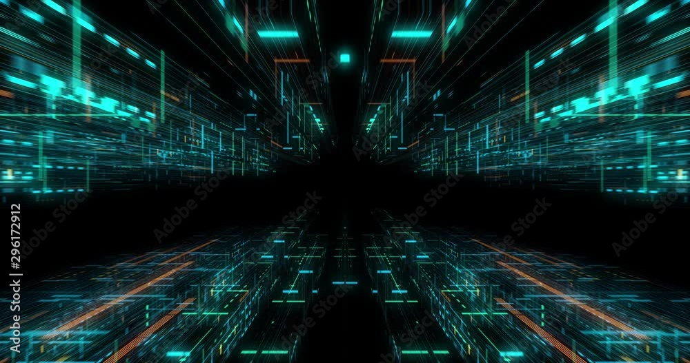 Quantum computer environment with digital technology, processing unit of an advanced Artificial intelligence. Flight through flow of digital information tunnel / cloud computing. loop / 3D render