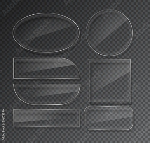 Glass plates set on transparent background. Circle glass banners