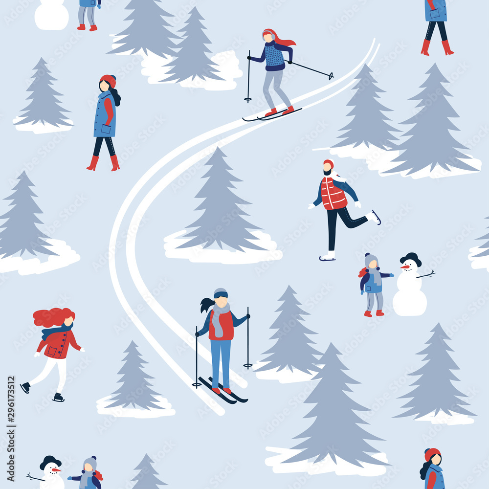 Seamless winter pattern with Christmas holidays outdoor activities. Wrapping paper design with abstract people.