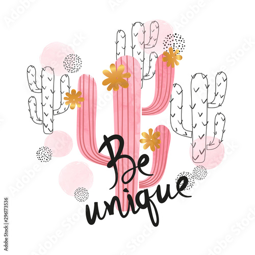 Pink watercolor cactus vector illustration. Be unique poster, birthday card design, t-shirt print.