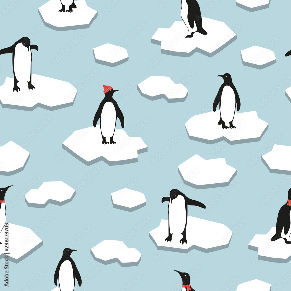 Obraz premium Seamless pattern with cute cartoon penguins on ice. Christmas vector illustration.
