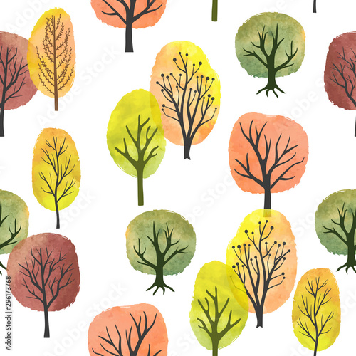 Seamless watercolor autumn trees pattern. Vector abstract autumn forest.