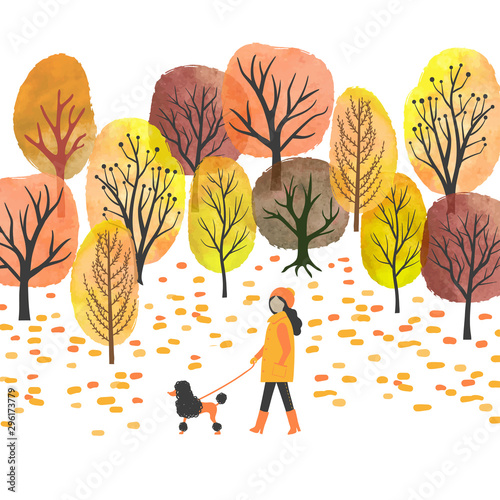 Autumn landscape.  Watercolor vector illustration of autumn park and woman walking with a dog