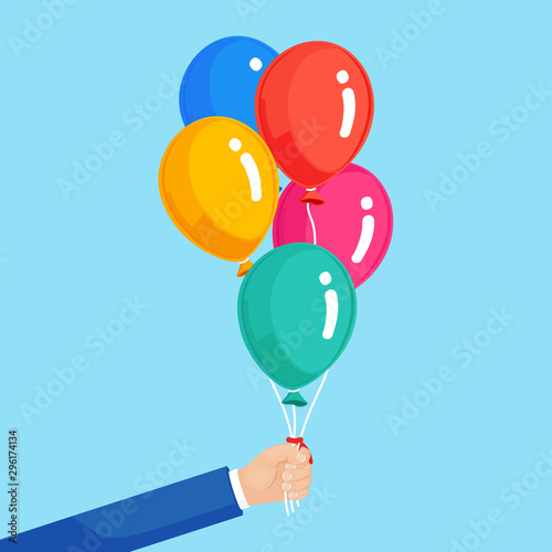 Bunch of helium balloon in hand, flying air balls  isolated on white background. Happy birthday, holiday concept. Party decoration. Vector cartoon design