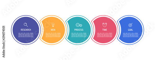 Business process infographic template. Colorful circular elements with numbers 5 options or steps. Vector illustration graphic design