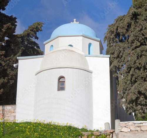 White Greek Church in Lefkes village on Paros island, Cyclades, Greece
