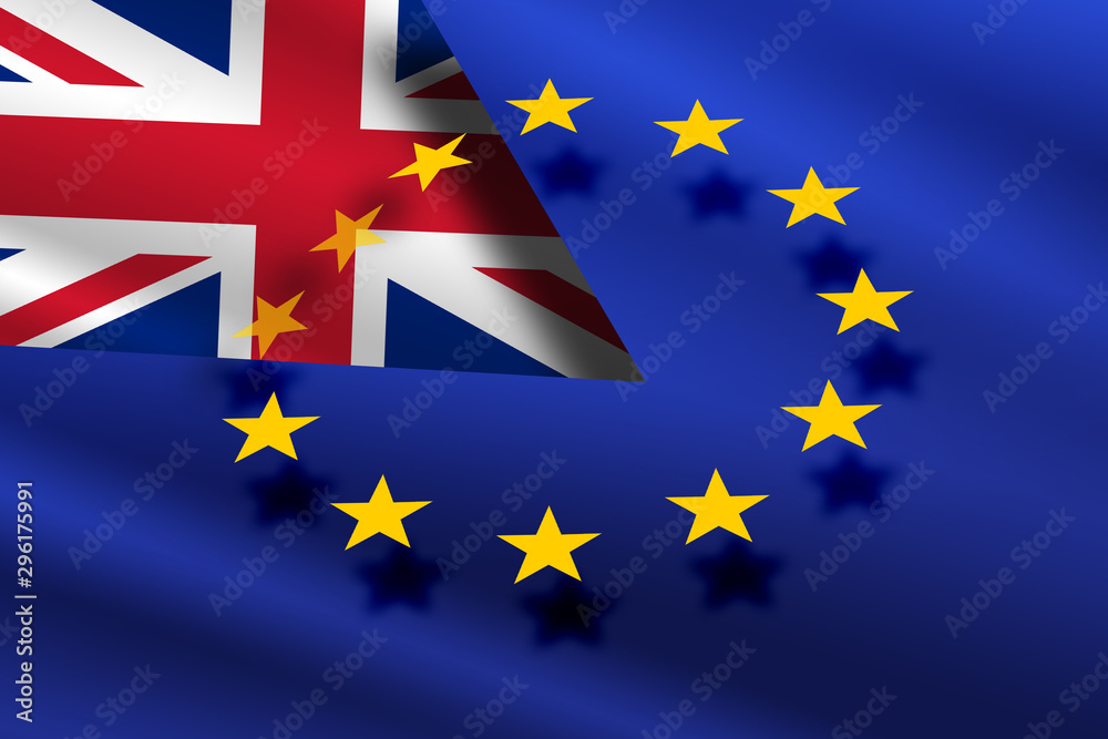 The European Union flag on the background of the flag of Great Britain symbolizing Brexit