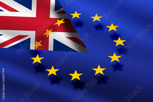 The European Union flag on the background of the flag of Great Britain symbolizing Brexit