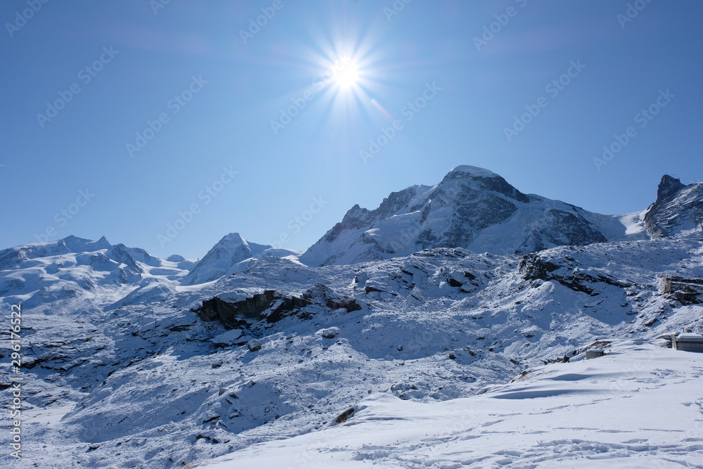 The Monte Rosa massif - Swiss north-western face with several glaciers (with one of the largest Alpine glaciers) flowing towards the Mattertal with Zermatt.