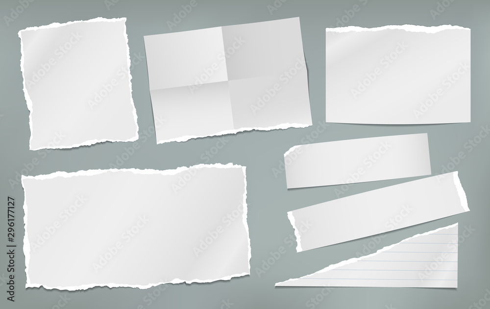 Torn white and folded note, notebook paper pieces stuck on green background. Vector illustration