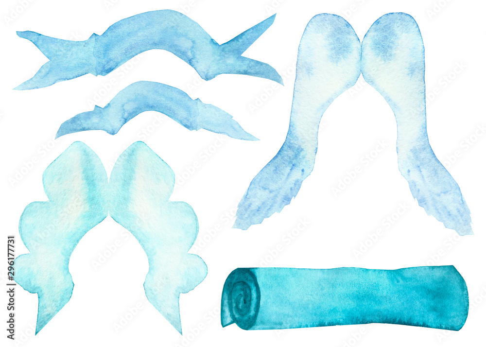 Watercolor hand painted romantic light collection with light blue scroll sheet, ribbon and angel wings set isolated on the white background for art design compositions Watercolor hand painted romantic light collection with light blue scroll sheet, ribbon and angel wings set isolated on the white background for art design compositions