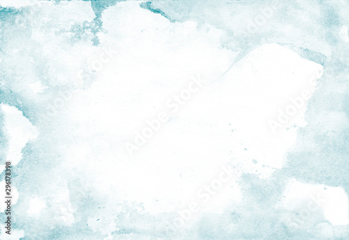 Watercolor background with light blue splashes for artistic banner, template postcard design. Abstract water in trendy minimal style with tender blue ombre painting. Watercolour vintage texture.