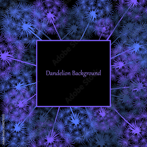 Decorative frame of dandelions on a black background. Luminescent backlight effect. Festive border with free space for text. Unusual winter illustration of blue dandelions. Greeting card design