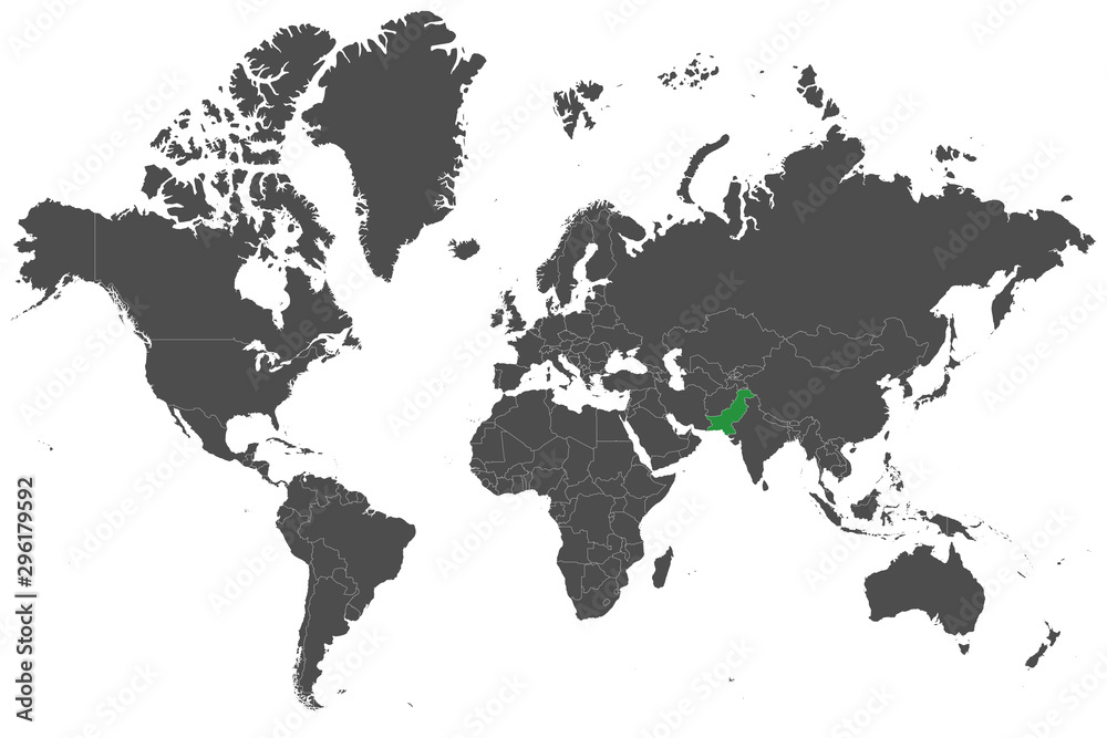 Fototapeta premium Pakistan wyróżniony zielonym znakiem na wektorze mapy świata