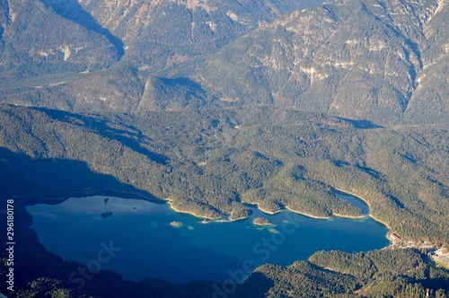 Aerial view of lake in winter