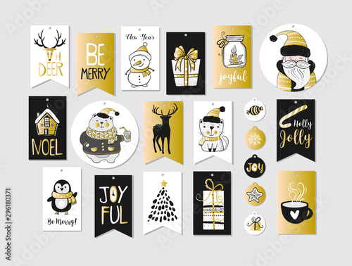 Abstract printable tags collection for Christmas, New Year. Advent calendar. Vector illustration. Merry Holidays