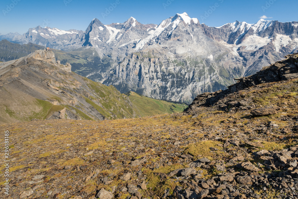 Bernese Alps panorama with Eiger, Monch and Jungfrau peaks in summertime
