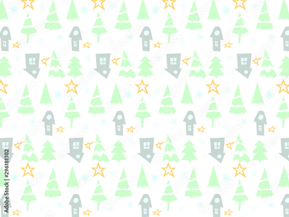 Fototapeta premium Christmas Icons background with New Year Tree, Snow and Stars. Happy Winter Holiday Wallpaper with Nature Decor elements. Fir Tree branch and snowflakes tiled background design.