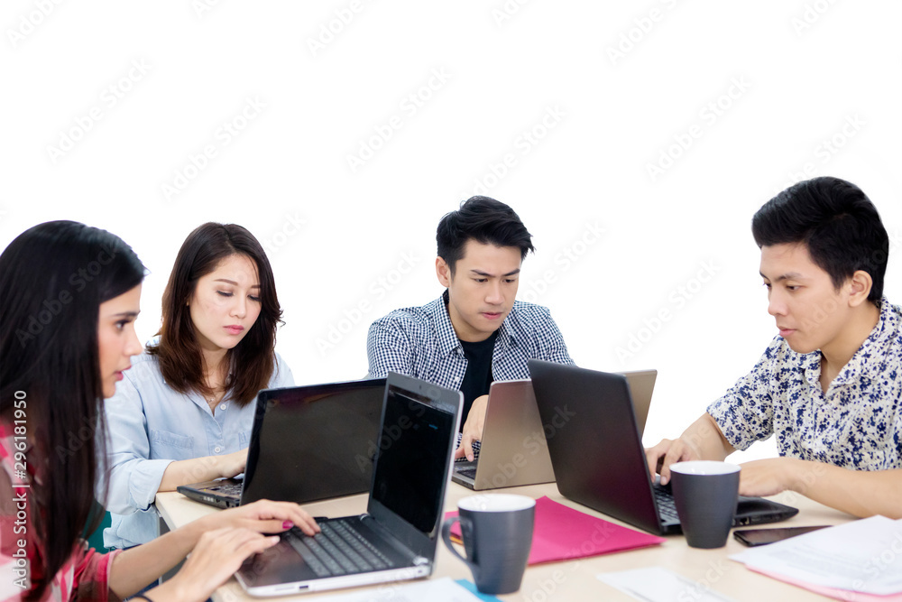 Group of young employees looks busy on studio Group of young employees looks busy on studio