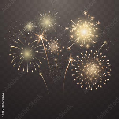 Bright fireworks explosions isolated on transparent background. New Year's Eve fireworks. Festive sparks and explosions. Realistic light effect. Element for yor design. Vector illustration