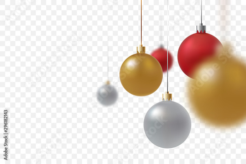 Hanging Christmas balls close up isolated on transparent background. Gold, red and silver xmas balls with defocused effect. Traditional decoration for the winter holidays. Vector illustration.