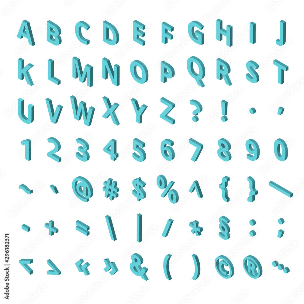 Isometric font alphabet isolated on the background. Isometric abc. Letters, numbers and symbols. Three-Dimensional stock typography for headlines, posters etc Isometric font alphabet isolated on the background. Isometric abc. Letters, numbers and symbols. Three-Dimensional stock typography for headlines, posters etc