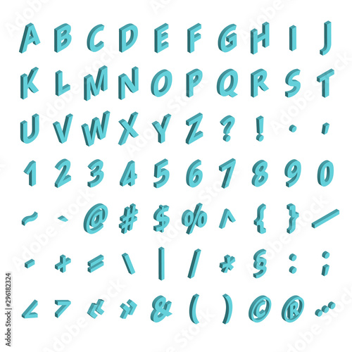 Isometric font alphabet isolated on the background. Isometric abc. Letters, numbers and symbols. Three-Dimensional stock typography for headlines, posters etc