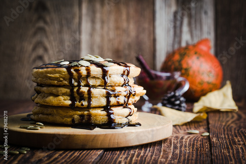 Pumpkin pancakes with chocolate, Thanksgiving day breakfast