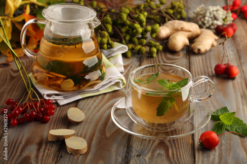 Seasonal, ginger-mint tea, a healthy drink for colds, in late autumn and cold winter.