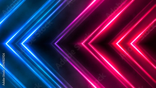 Dark abstract futuristic background. Neon lines, glow. Neon lines, shapes. Pink and blue glow. 