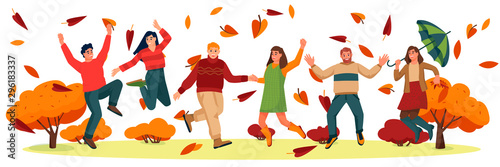 Happy young people in fall park. Vector flat cartoon illustration. Lifestyle and activities in autumn time