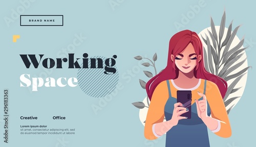 Working space Landing page template. Young female freelancer is sitting in modern hipster cafe at the table with take away coffee, mobile phone. Vector illustration